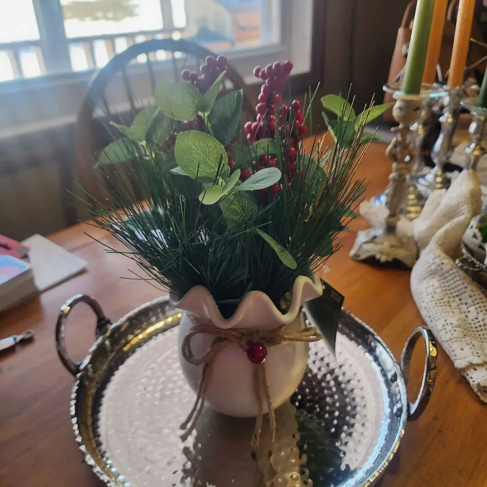 Home Decor Artifical Floral Greenery Arrangement White Ruffled Pottery P…